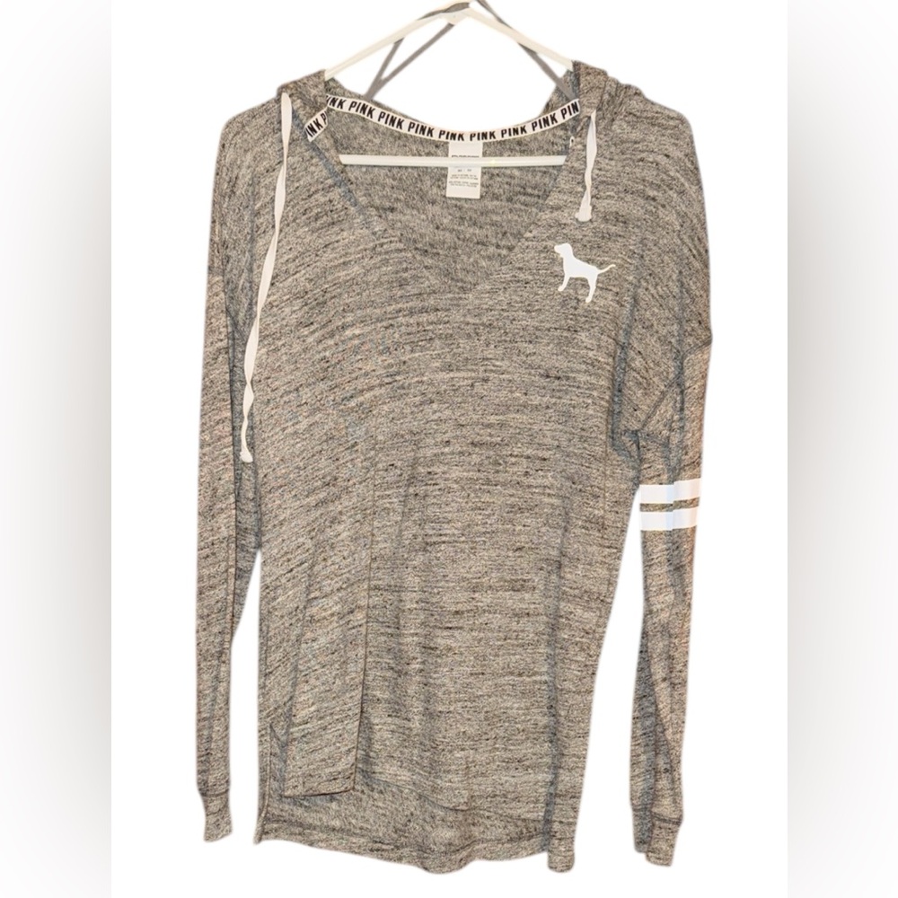 •PINK•VSP GRAY OVERSIZED TERRY CLOTH VNECK HOODIE TUNIC W/SIDE SLITS KNIT TOP XS